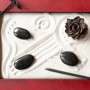 8 x 10 Zen Garden-Red and Black-Includes Sand, River Rocks, Sola Wood Succulent and Raking Tools-Modern Office Decor-Stress Relieving Gifts image 5