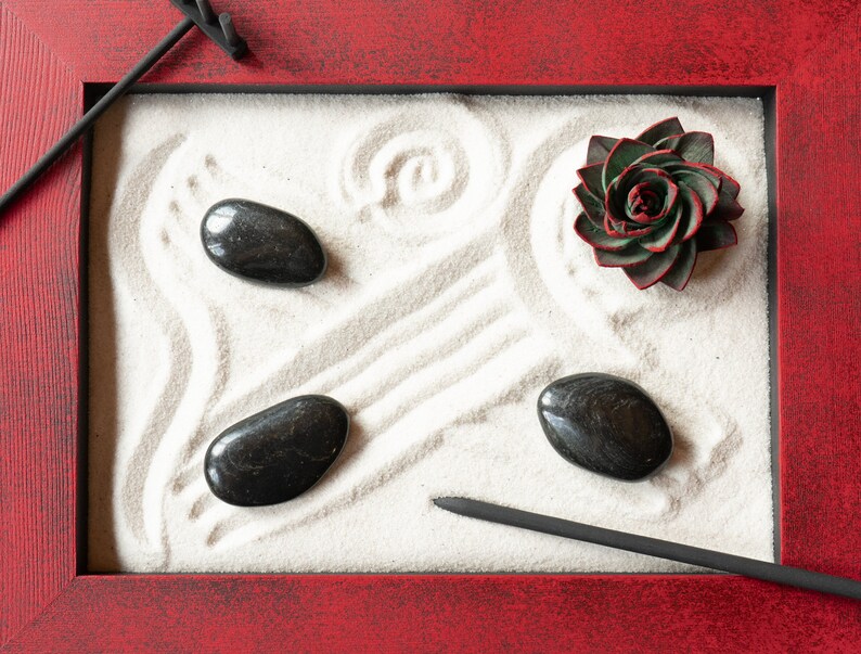 8 x 10 Zen Garden-Red and Black-Includes Sand, River Rocks, Sola Wood Succulent and Raking Tools-Modern Office Decor-Stress Relieving Gifts image 5