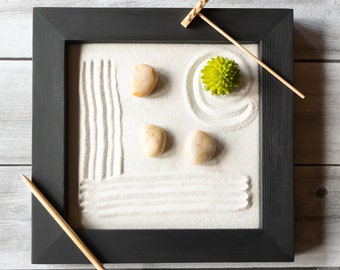 10 x 10” Black Zen Garden-Includes Sand, River Rock Options, and Raking Tool Set Options-Meditation Tools-Stress Relief Gifts-Desktop Toys