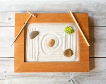 8 x 10" Zen Garden with Cherry Veneer-Includes Sand, Rocks, Artificial Succulent and Raking Tools-Office Decor/Meditation Gift-OPTIONS