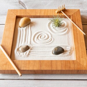 10 x 10" Zen Garden with Cherry Veneer-Includes Sand, Rocks, Artificial Air Plant and Raking Tools/Meditation Gift-OPTIONS