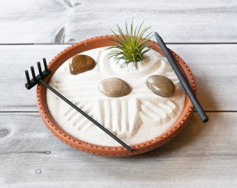 6.5" Mini Clay Zen Garden-Hand-painted Flower-Includes Sand, Rocks, Artificial Ionantha Plant and Rake Set-Meditation-Stress Relief Tool