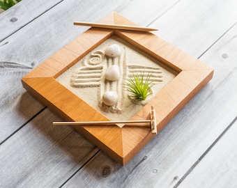 8" x 8" Zen Garden with Cherry Veneer-Includes Sand, Rocks, Artificial Ionantha Plant and Raking Tools-Meditation Gift-Desktop Toys-OPTIONS