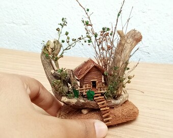 Miniature Village Scenery with Treehouse Whimsical fairy cottage - Unique Display Ornament and Artwork for Fairy Gardens