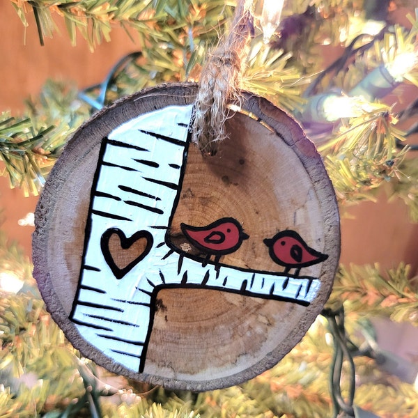 Couple Lovebirds on Birch Tree ornament