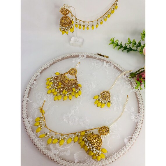 Designer Pakistani Jhoomer Tikka Set with small jhumkis and Saharas jadau earrings pink, purple yellow mehndi sangeet jewelry light weight