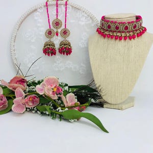 Hot Pink Reverse AD Choker jhumki tikka SetElegant Antique gold Polki Pakistani Choker Set/Indian Jewelry/High quality kundan Polki jewelry