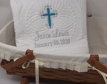 Baby Baptism Quilt Personalized with Baby Name, Beautiful Embroidered Christening Baby Quilt with a Beautiful Cross, Name and Date