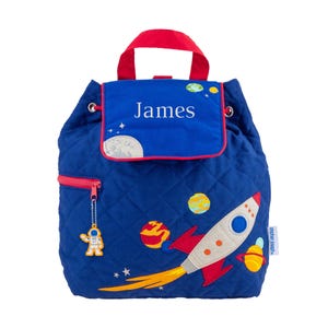 Personalized Kids&#39; Backpack, quilted Toddler Backpack  with colorful spaceship pattern, personalized with embroidery, Great travel backpack