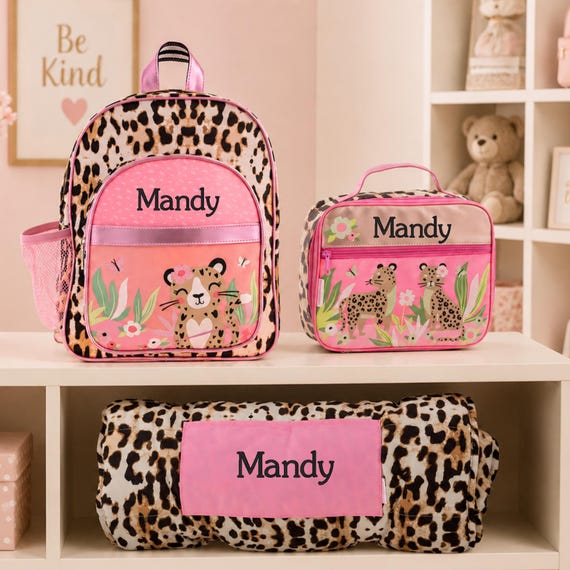 Personalized Leopard Backpack Set for Girls, Preschool Backpack, Lunch Box & Nap Mat Set, Daycare Backpack, Toddler School Bag