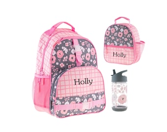 Personalized Kids Backpack and Lunch Box Set, Grey Floral.