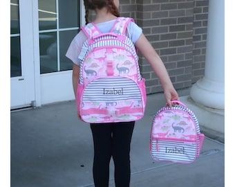 Personalized Kids Backpack and Lunch Box Set, Girl Dino design School Bag with Name