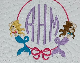 Monogram Baby Quilt with Mermaid Design Heirloom Quality Baby Crib Quilt with Scalloped Edges  100% Cotton