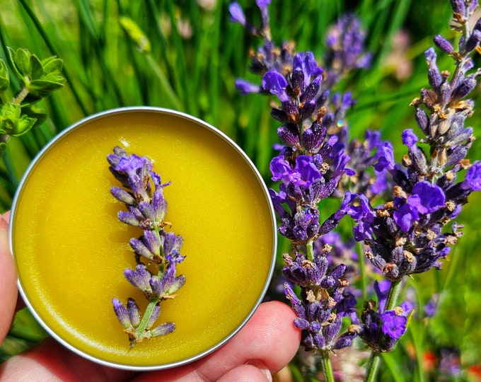 Simply Lavender Salve, Wildcrafted Garden Grown organic herbal balm, ethically created no scent added botanically infused handcrafted salve