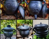 Cast Iron Cauldron with Lids and Metal Handle, kitchen witch decor, Apothecary, Wiccan Altar offering, triple moon, Herb Spells, triquetra