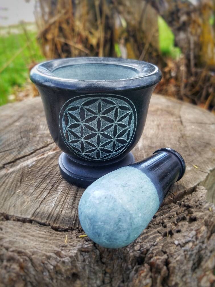 Mortar and Pestle Set, Etched Stone herb grinder, kitchen decor