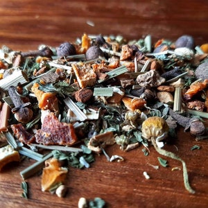 May include: A close-up of a blend of dried herbs, spices, and fruit peels for making tea. The mix includes dried orange peel, lemon peel, chamomile flowers, lemongrass, cloves, and other spices.