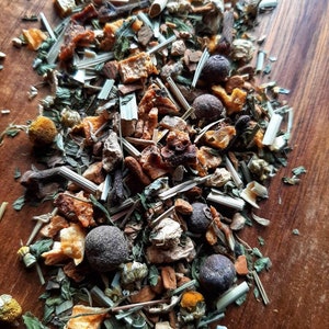 Op de afbeelding: Een close-up van een mix van gedroogde kruiden, specerijen en fruitschillen. De mix bevat groene kruiden, sinaasappelschillen, bruine kaneelstokjes en zwarte peperkorrels.