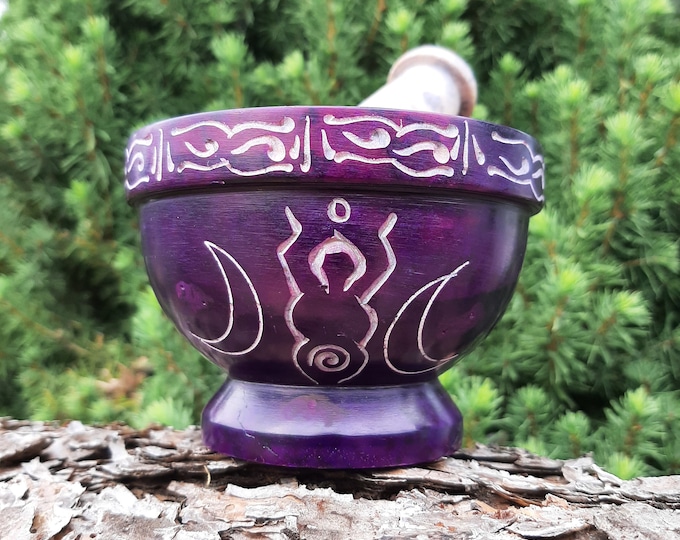 Purple Goddess Carved Mortar and Pestle Set, Hand Carved Etched Stone Herb Grinder, Chefs Kitchen Decor, Apothecary Wiccan Altar Spells