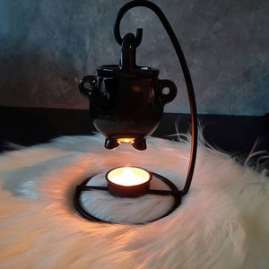 Hanging Cauldron Ceramic Oil Burner with Stand, Tea Light Oil Diffuser Lamp for Wax Melt Warmer, kitchen witch decor, Wicca Altar Herb Spell