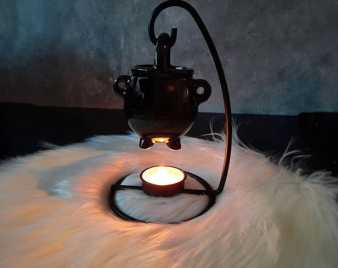 Hanging Cauldron Oil Burner with Stand – Ceramic Wax Melt Warmer & Tea Light Diffuser for Wiccan Altar, Spellwork, and Kitchen Witch Decor