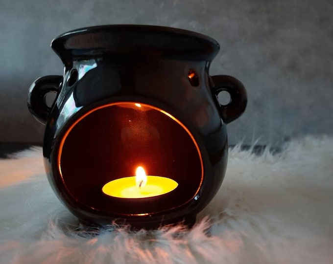 Witches Cauldron Ceramic Oil Burner, Tea Light Oil Diffuser Lamp for Wax Melts, kitchen witch decor, Wiccan Altar Herbal Apothecary Spells