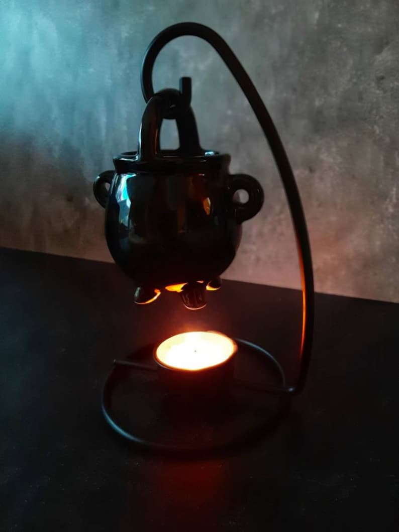 Hanging Cauldron Ceramic Oil Burner with Stand, Tea Light Oil Diffuser Lamp for Wax Melt Warmer, kitchen witch decor, Wicca Altar Herb Spell image 6