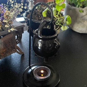Hanging Cauldron Ceramic Oil Burner with Stand, Tea Light Oil Diffuser Lamp for Wax Melt Warmer, kitchen witch decor, Wicca Altar Herb Spell image 2
