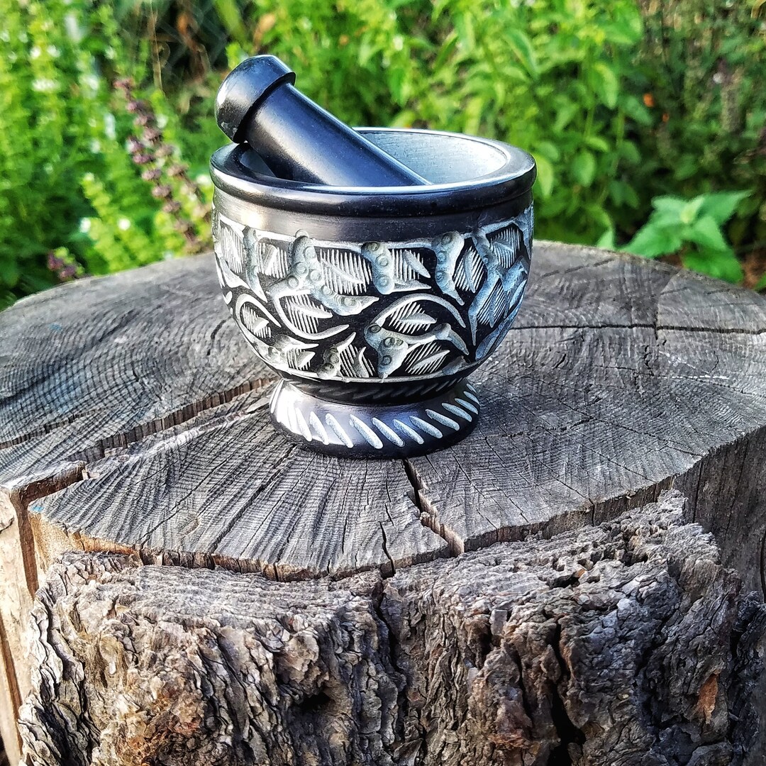 Carved Mortar and Pestle Set, Hand Carved Etched Stone Herb Grinder