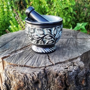 Carved Mortar and Pestle Set, Hand Carved Etched Stone Herb Grinder, Chefs Kitchen Decor, Apothecary, Celtic Spiral Wiccan Altar Herb Spells