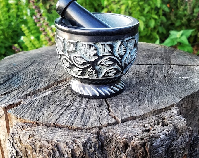 Carved Mortar and Pestle Set, Hand Carved Etched Stone Herb Grinder, Chefs Kitchen Decor, Apothecary, Celtic Spiral Wiccan Altar Herb Spells