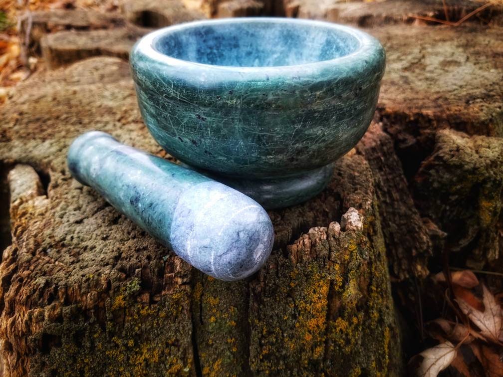 XL Mortar and Pestle Set, Marble Mortar, Cast Iron Cauldron, Etched