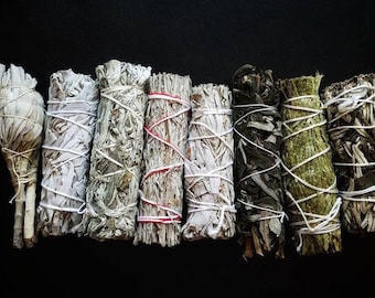 May include: A collection of eight white sage smudge sticks, some tied with white string and others with red string. The smudge sticks are arranged in a row on a black background.