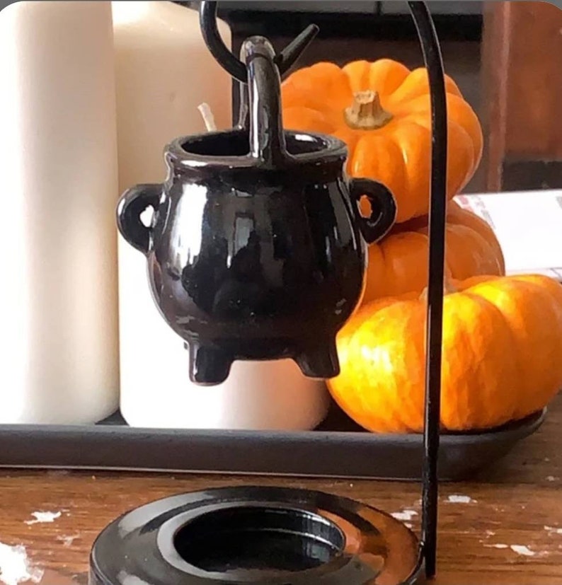 Hanging Cauldron Ceramic Oil Burner with Stand, Tea Light Oil Diffuser Lamp for Wax Melt Warmer, kitchen witch decor, Wicca Altar Herb Spell image 5