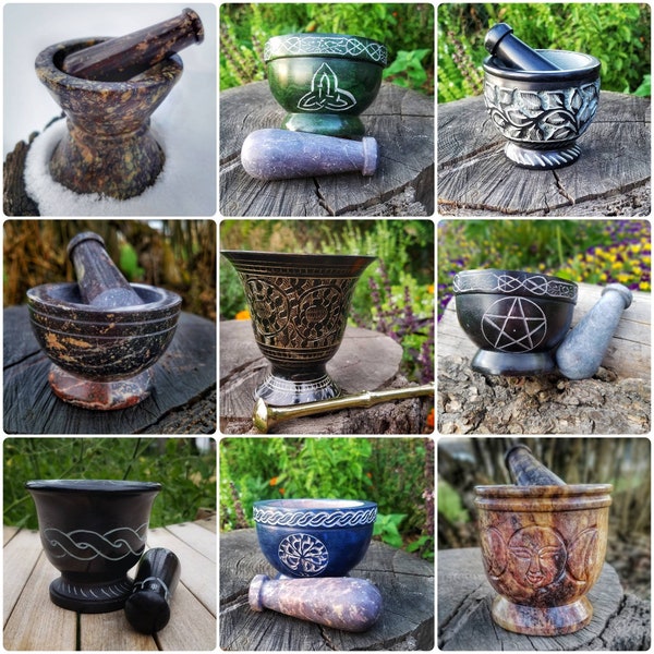 Mortar and Pestle Set, Marble Mortar, Etched Stone herb grinder, kitchen decor, Apothecary, Wiccan Altar, Herb Spells, spiral, Celtic knots