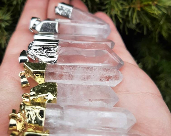 Raw Crystal Quartz Point Necklace Pendant, Valentine's Natural Gemstone Crystal Electroplated Pendant, Healing Crystal Witch Quartz Jewelry
