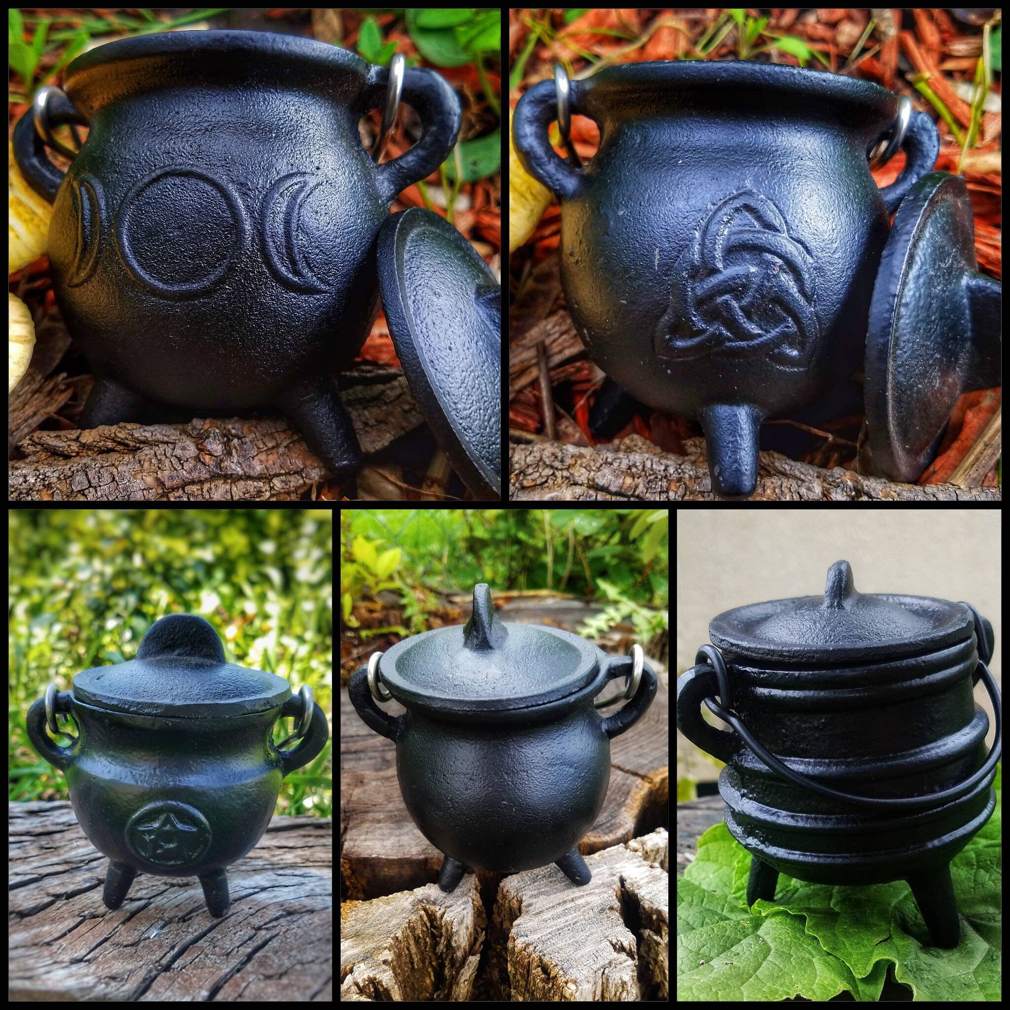 Cast Iron Cauldron With Lids And Metal Handle Kitchen Witch Decor Apothecary Wiccan Altar Offering Triple Moon Herb Spells Triquetra