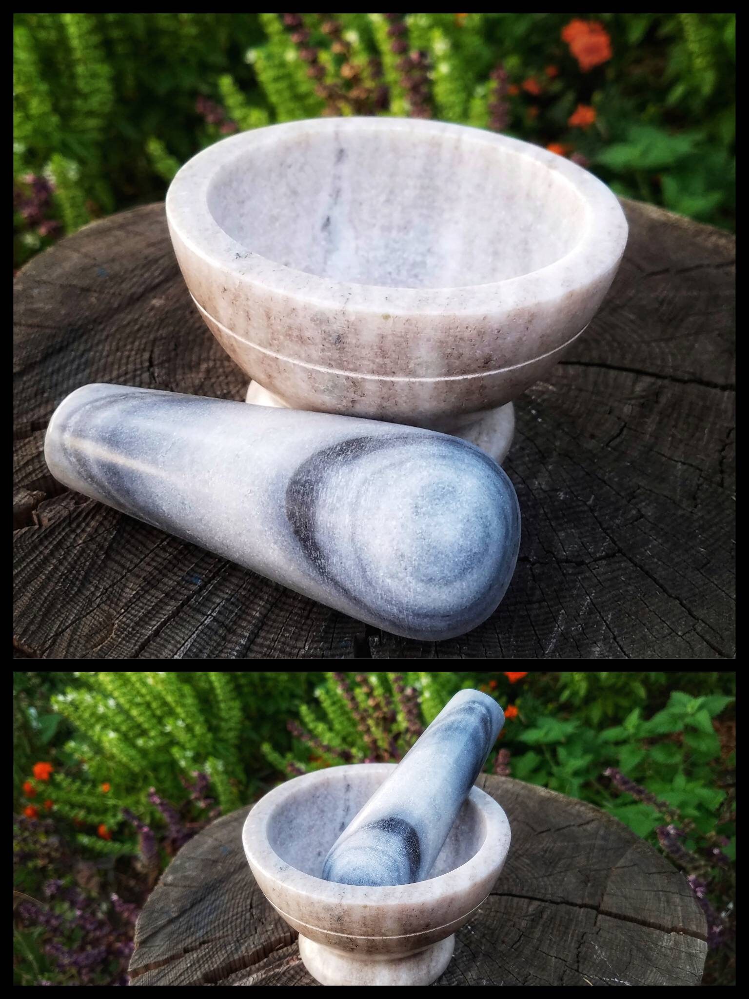 Mortar and Pestle Set, Etched Stone herb grinder, kitchen decor