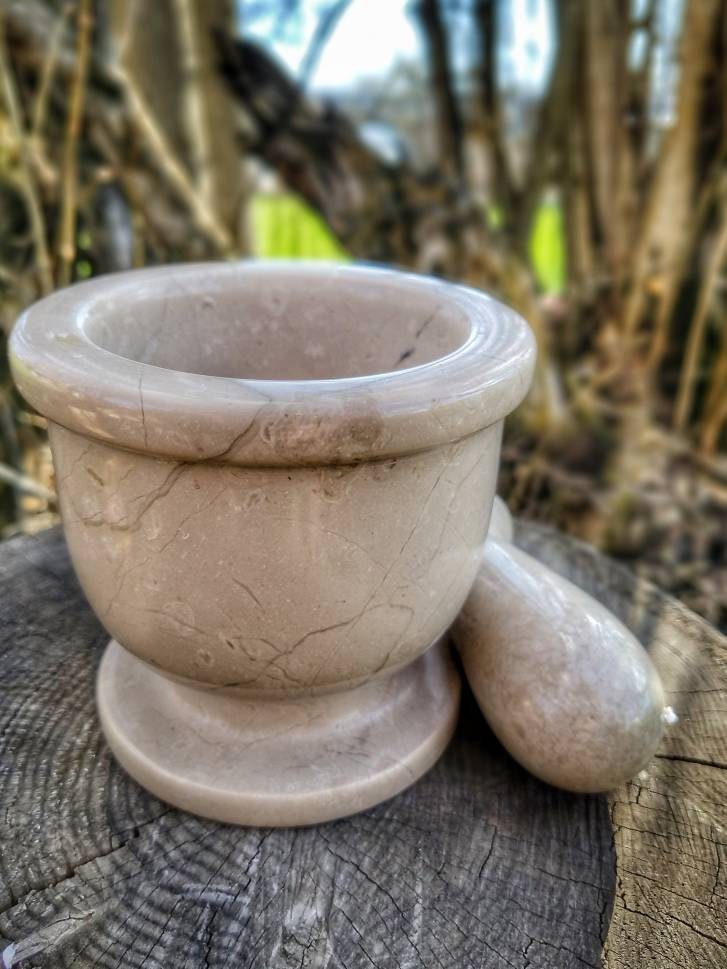 XL Mortar and Pestle Set, Marble Mortar, Cast Iron Cauldron, Etched