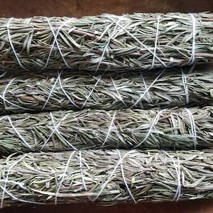 May include: Four bundles of dried rosemary smudge sticks tied with white string. The bundles are arranged vertically on a wooden surface.