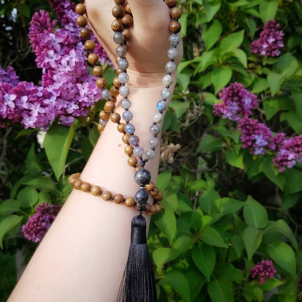 Natural Gemstone Mala, Buddhist Wrap Bracelet Beaded Necklace, Buddhist Prayer Beads, Yoga Meditation Hand Knotted Beaded Spiritual Jewelry