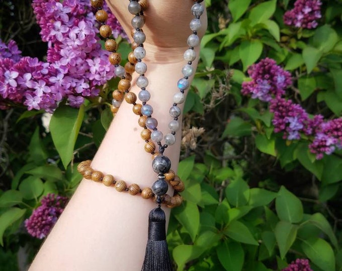 Natural Gemstone Mala, Buddhist Wrap Bracelet Beaded Necklace, Buddhist Prayer Beads, Yoga Meditation Hand Knotted Beaded Spiritual Jewelry