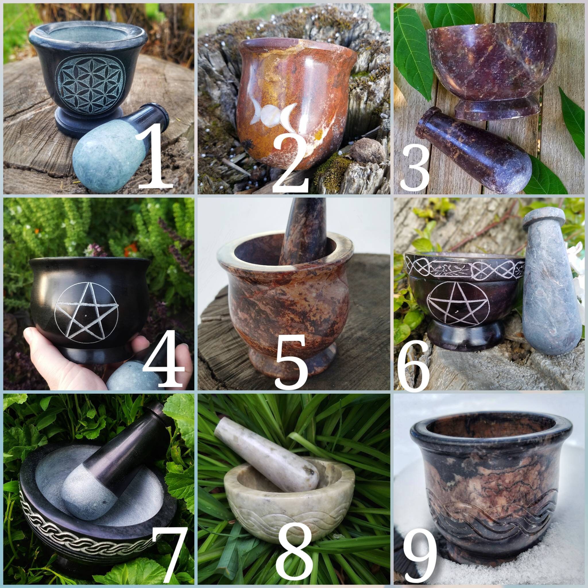 Mortar and Pestle Set, Etched Stone herb grinder, kitchen decor