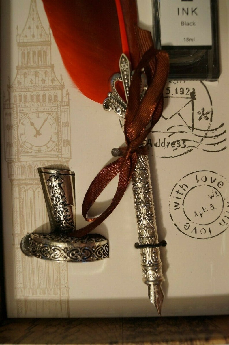 Vintage Style Calligraphy Feather Quill Metal 5 Nib Dip Pen Set Holder ...