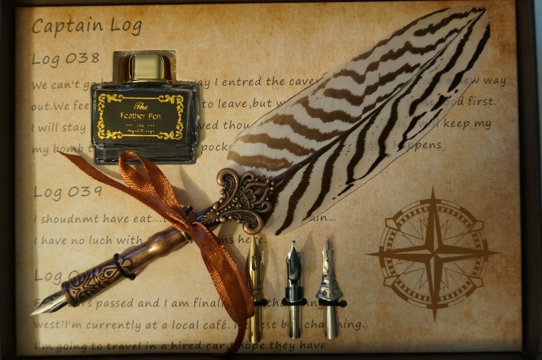Vintage Style Calligraphy Feather Quill Metal 3 Nib Dip Pen Set ...