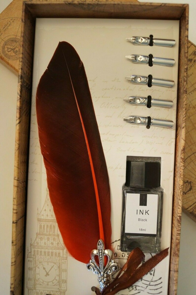 Vintage Style Calligraphy Feather Quill Metal 5 Nib Dip Pen Set Holder ...