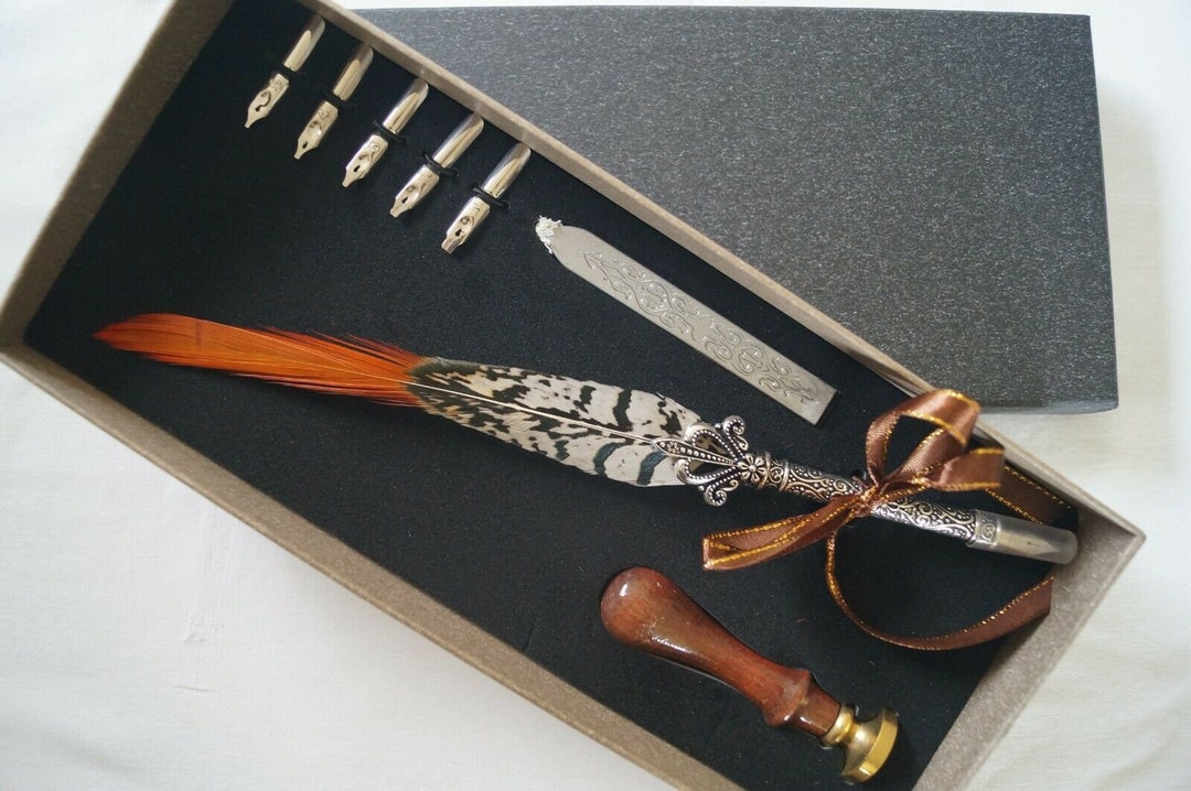 Vintage Style Calligraphy Feather Quill Metal 5 Nib Dip Pen Set and Wax ...