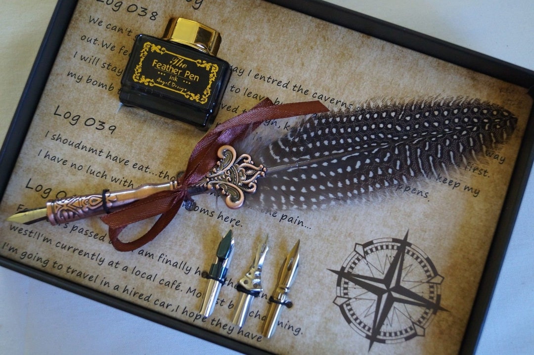 Vintage Style Calligraphy Feather Quill Metal 3 Nib Dip Pen Set ...
