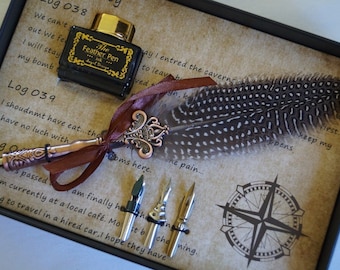 Vintage Style Calligraphy Feather Quill Metal 3 Nib Dip Pen Set Decorative Inlay and Bottle