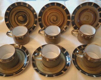 Midi Cups & Saucer Set of 6 Scarce Vintage Retro Brown Earthware Stoneware Style